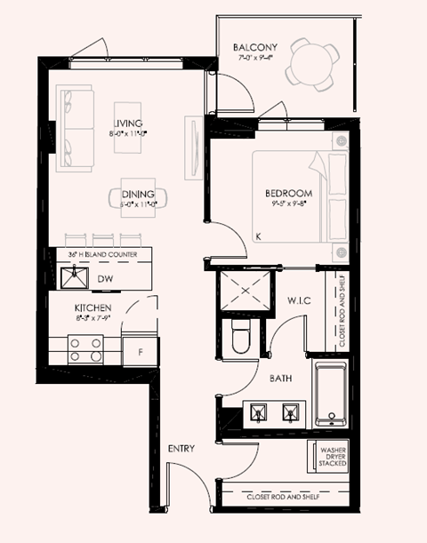 Floor plan for 1 bed, 1 bath, 572 sqft